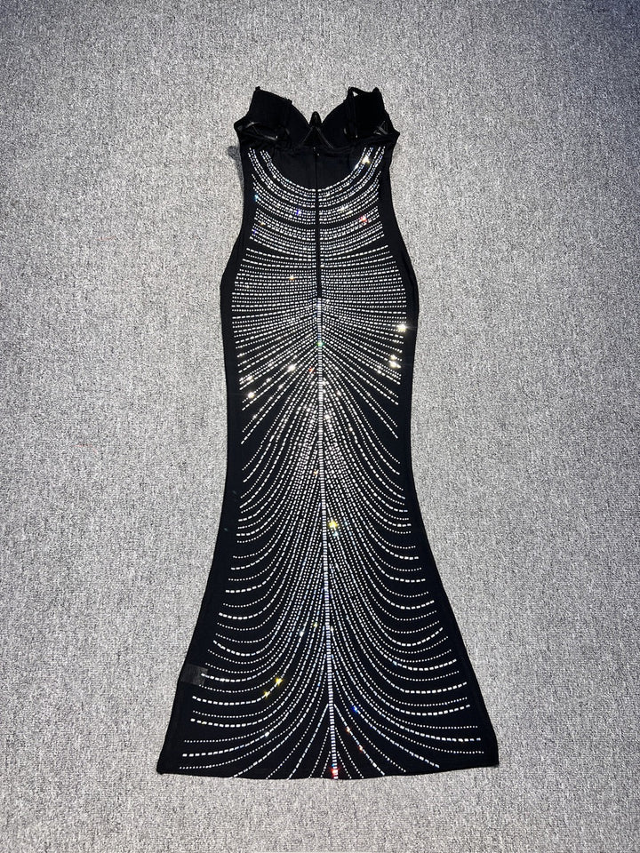 Maxi Evening Mesh Dress with Shiny Rhinestone Design - Anabella