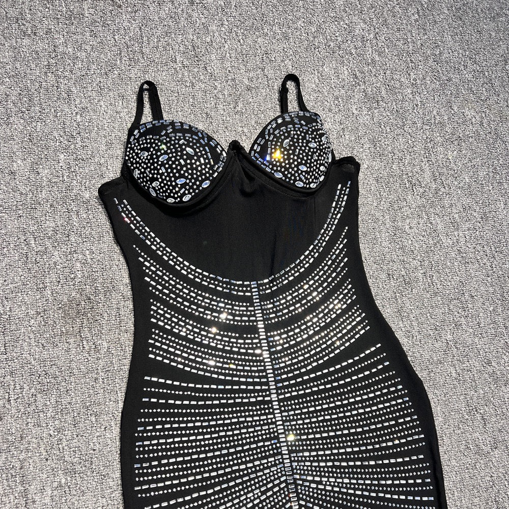Maxi Evening Mesh Dress with Shiny Rhinestone Design - Anabella