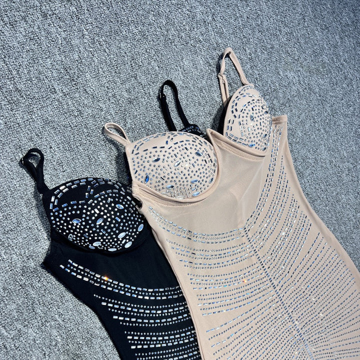 Maxi Evening Mesh Dress with Shiny Rhinestone Design - Anabella