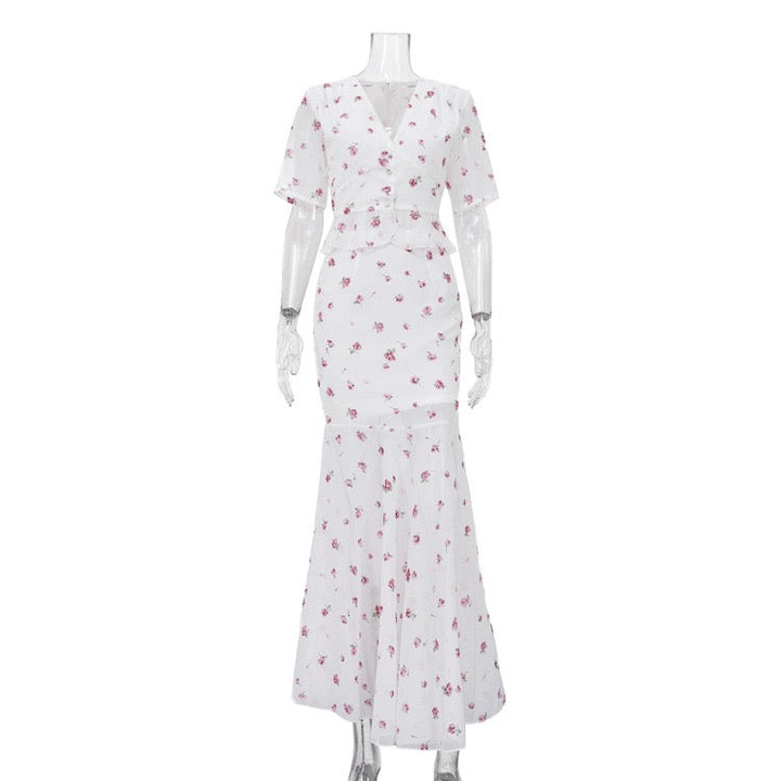 Floral chiffon two-piece set with a maxi skirt and button-down shirt – GILIA