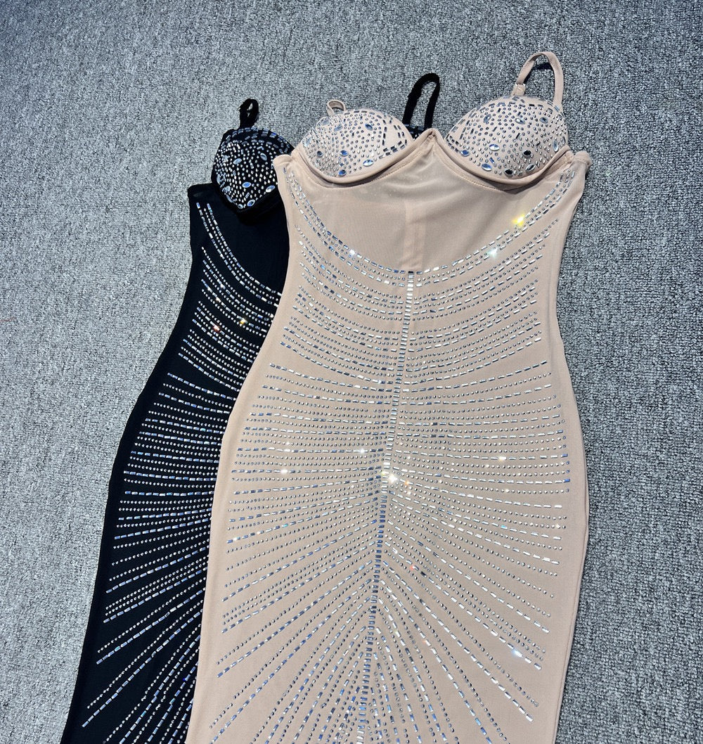 Maxi Evening Mesh Dress with Shiny Rhinestone Design - Anabella