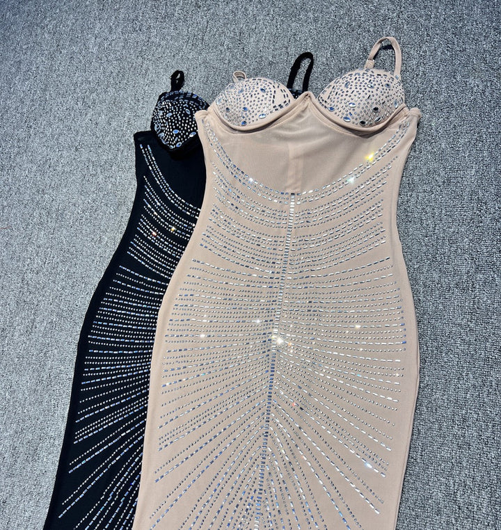 Maxi Evening Mesh Dress with Shiny Rhinestone Design - Anabella
