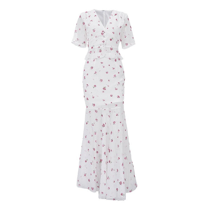 Floral chiffon two-piece set with a maxi skirt and button-down shirt – GILIA