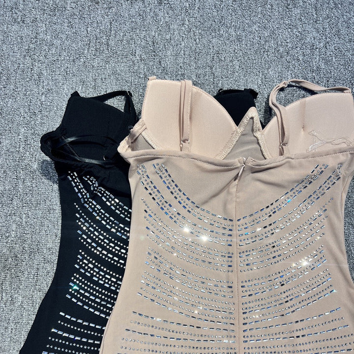 Maxi Evening Mesh Dress with Shiny Rhinestone Design - Anabella