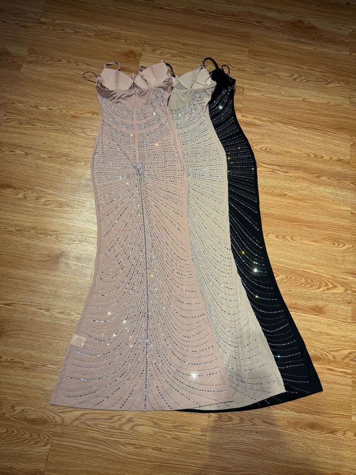 Maxi Evening Mesh Dress with Shiny Rhinestone Design - Anabella
