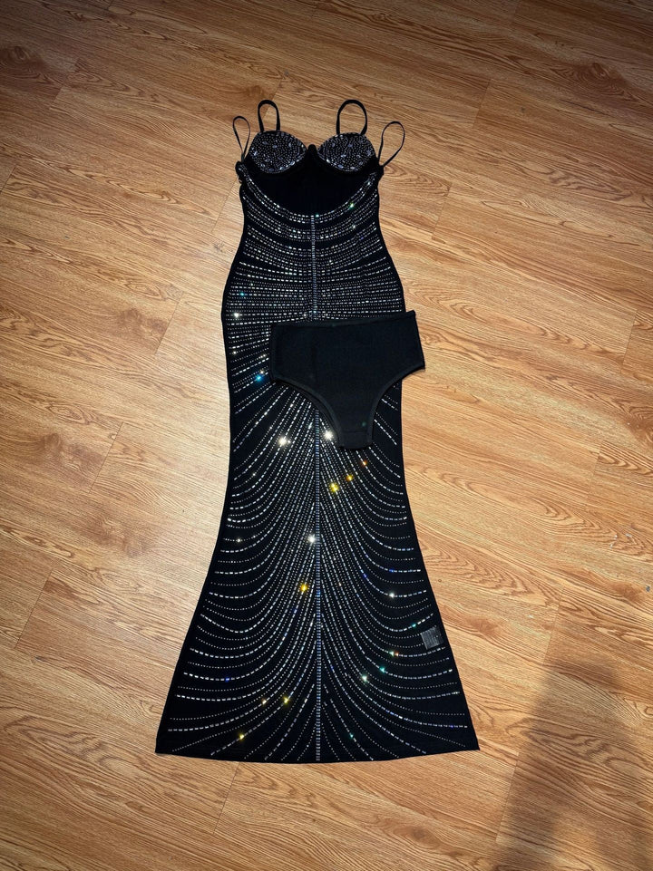 Maxi Evening Mesh Dress with Shiny Rhinestone Design - Anabella