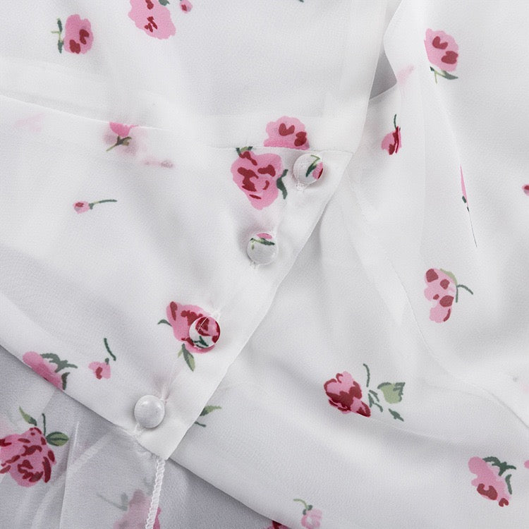 Floral chiffon two-piece set with a maxi skirt and button-down shirt – GILIA
