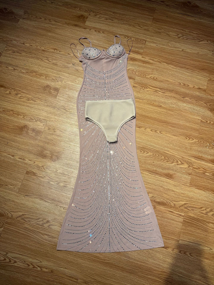 Maxi Evening Mesh Dress with Shiny Rhinestone Design - Anabella