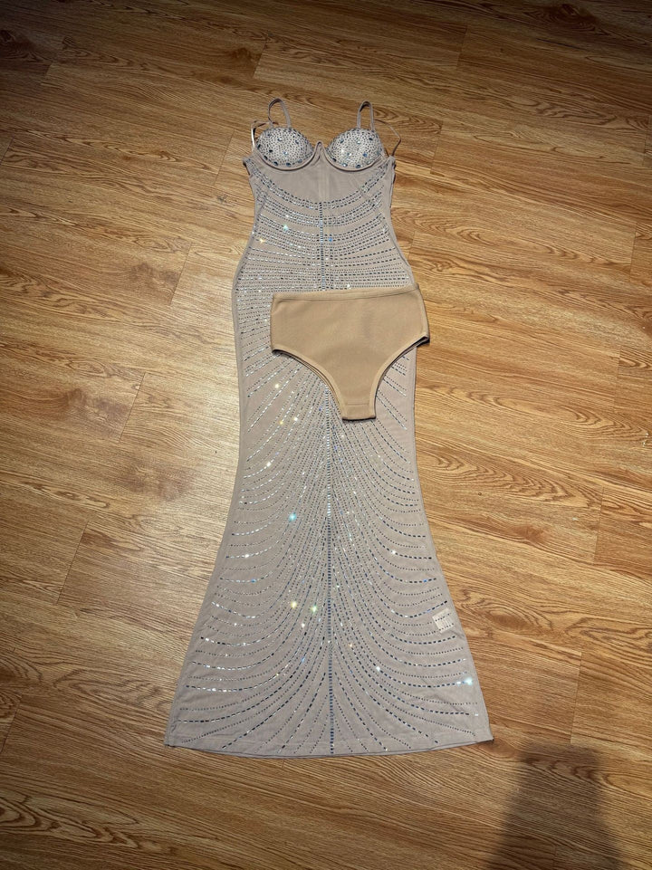 Maxi Evening Mesh Dress with Shiny Rhinestone Design - Anabella