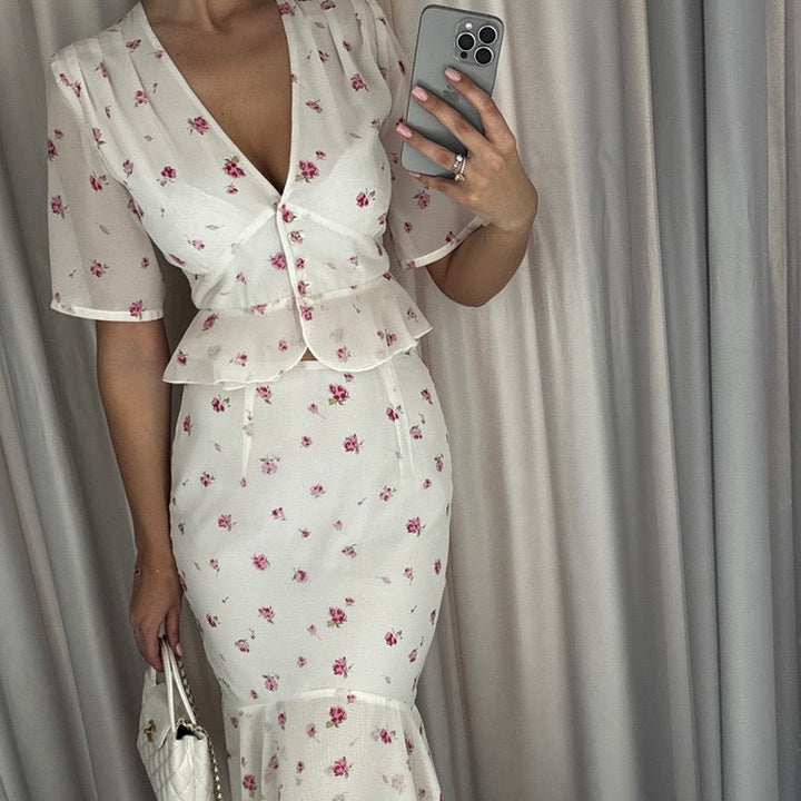 Floral chiffon two-piece set with a maxi skirt and button-down shirt – GILIA