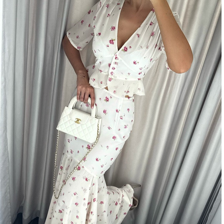 Floral chiffon two-piece set with a maxi skirt and button-down shirt – GILIA