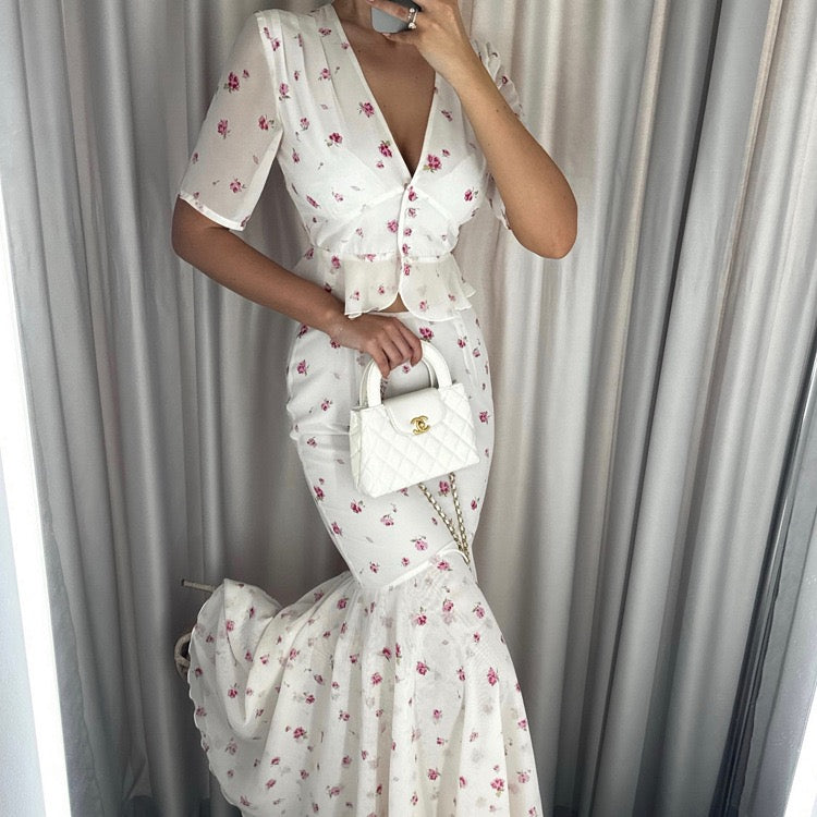 Floral chiffon two-piece set with a maxi skirt and button-down shirt – GILIA
