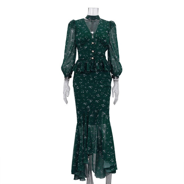Floral chiffon two-piece set with a maxi skirt and button-down shirt – MAOR