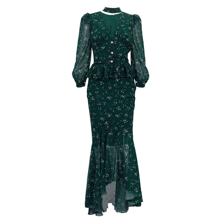 Floral chiffon two-piece set with a maxi skirt and button-down shirt – MAOR
