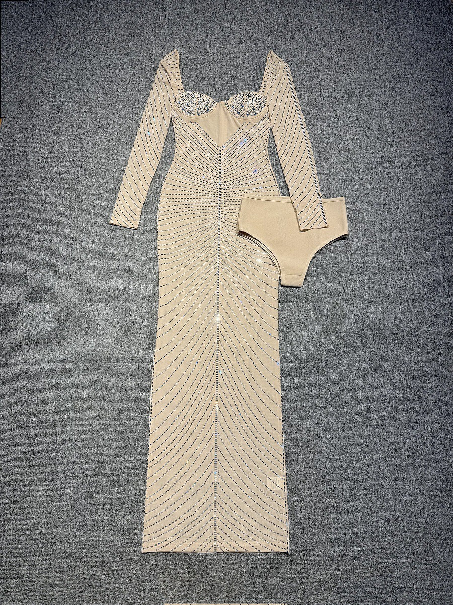 Maxi Evening Dress with Shiny Diamond Design - Ran el
