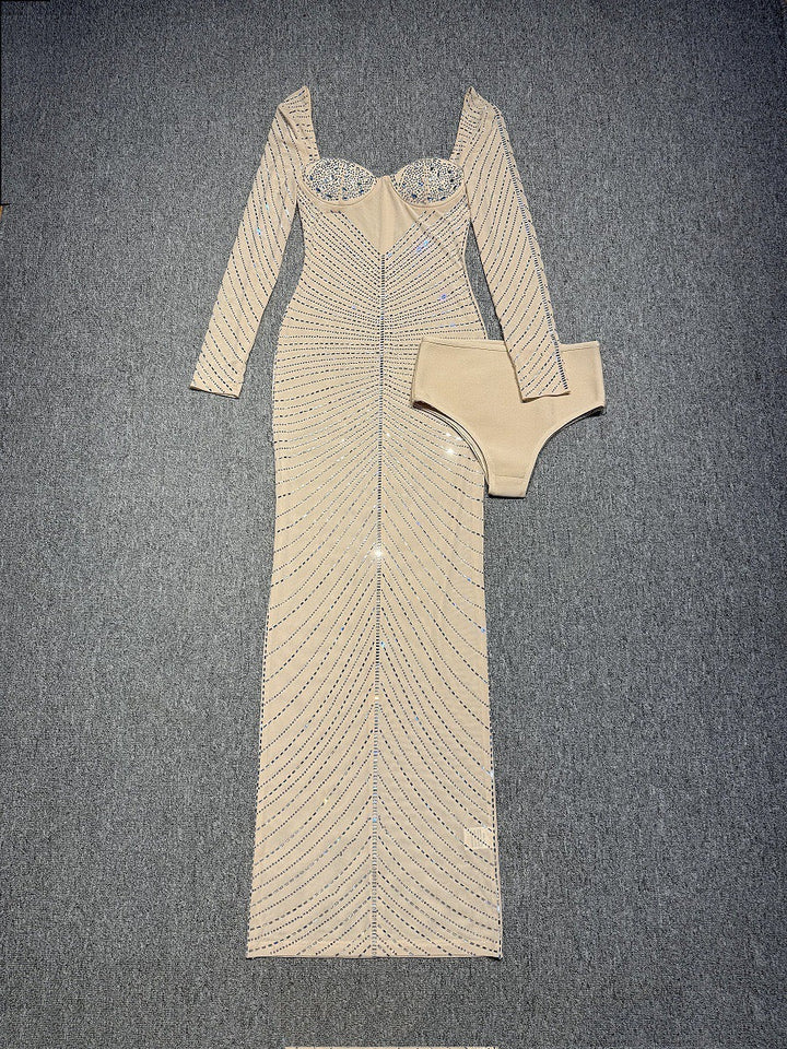 Maxi Evening Dress with Shiny Diamond Design - Ran el