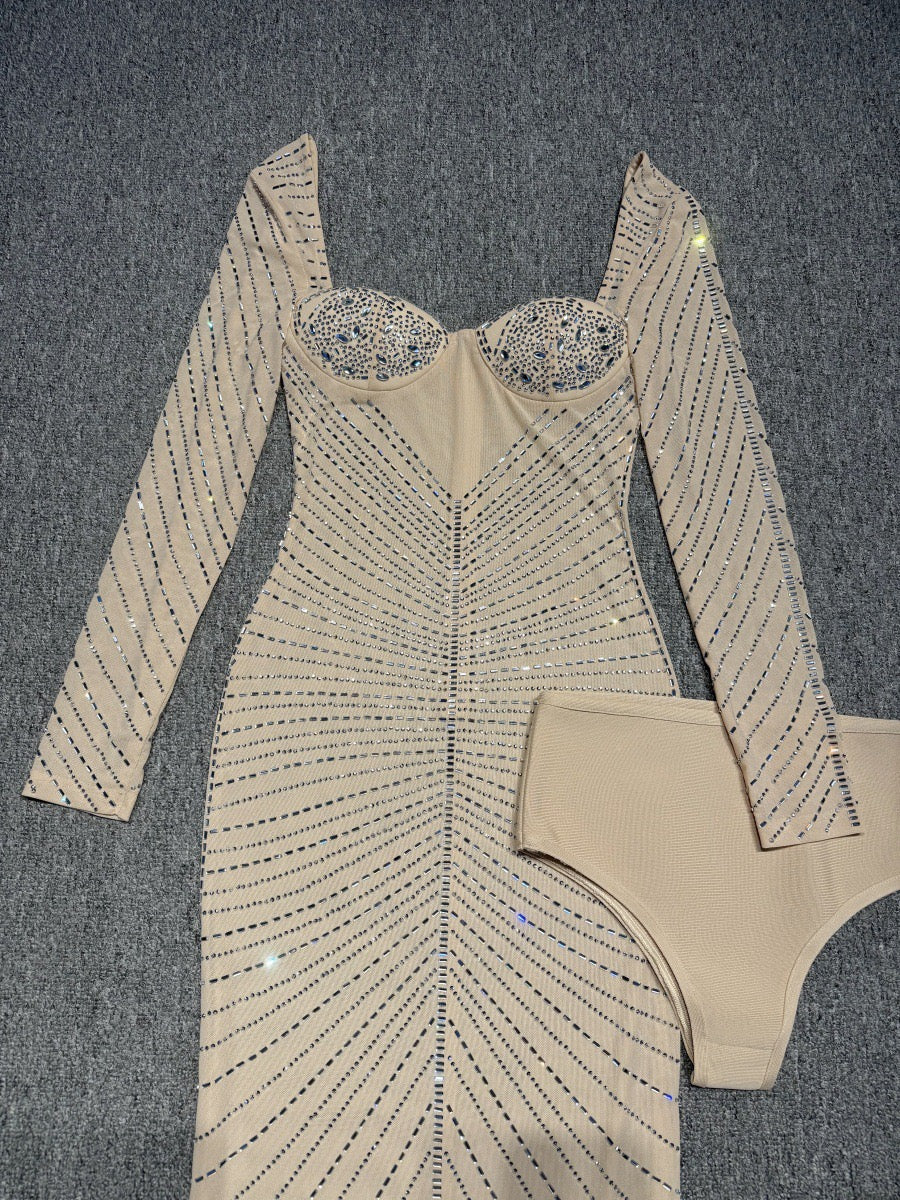 Maxi Evening Dress with Shiny Diamond Design - Ran el