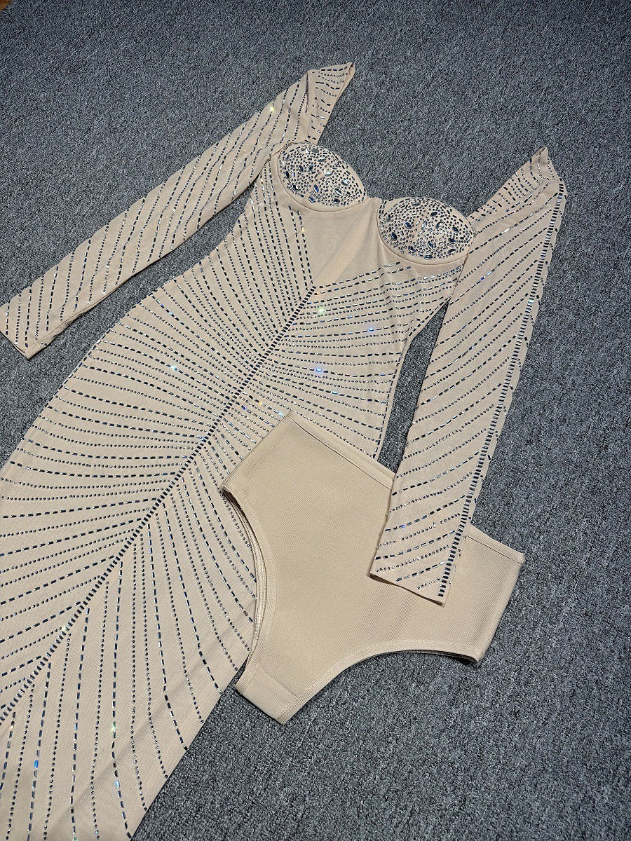 Maxi Evening Dress with Shiny Diamond Design - Ran el