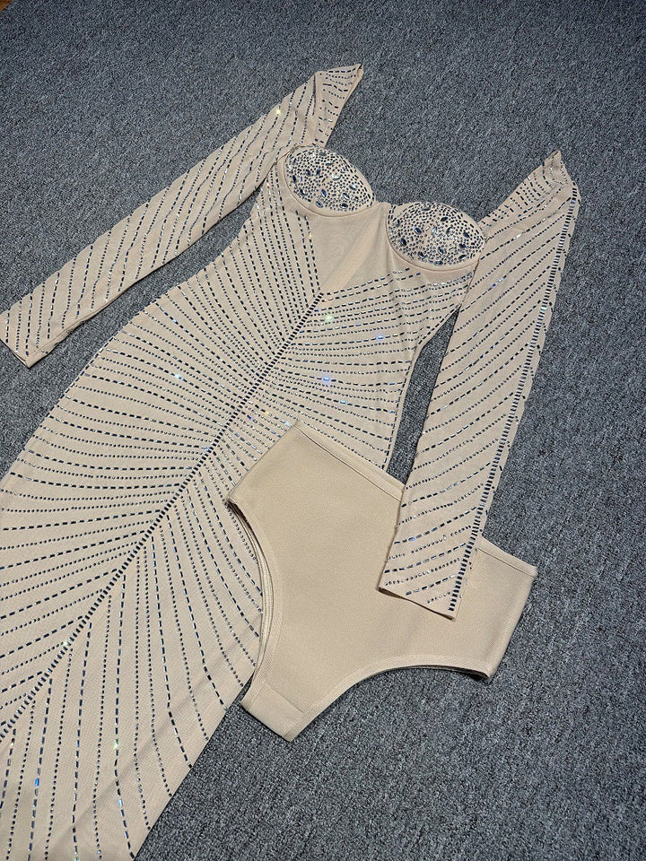 Maxi Evening Dress with Shiny Diamond Design - Ran el