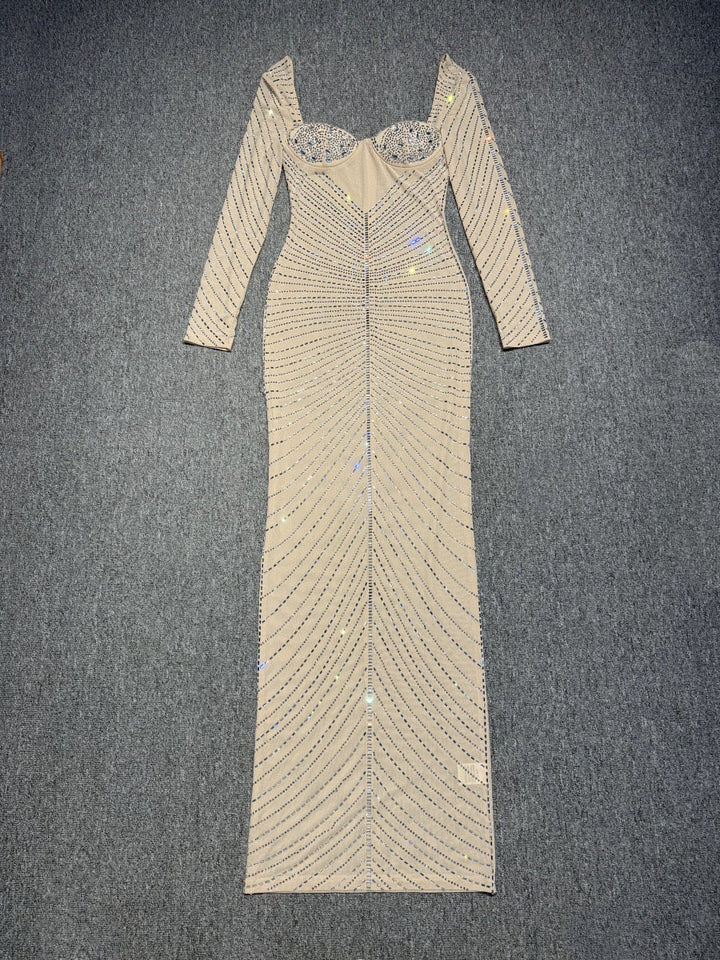Maxi Evening Dress with Shiny Diamond Design - Ran el