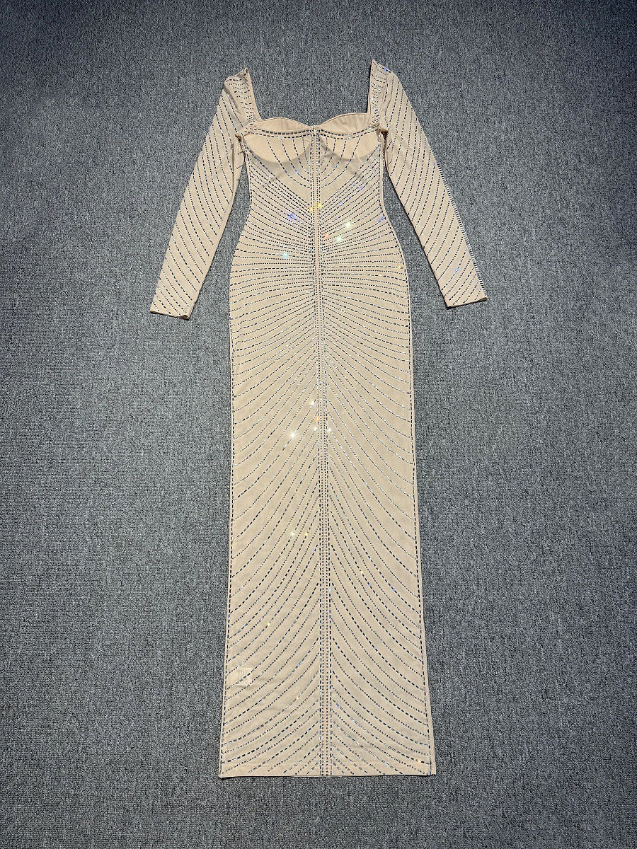 Maxi Evening Dress with Shiny Diamond Design - Ran el
