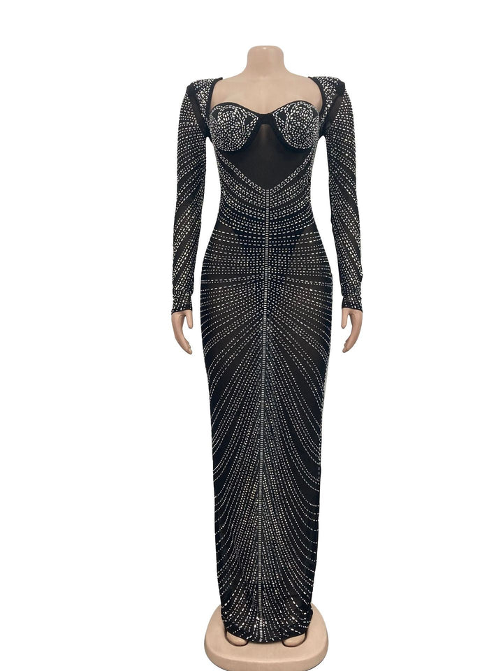 Maxi Evening Dress with Shiny Diamond Design - Ran el
