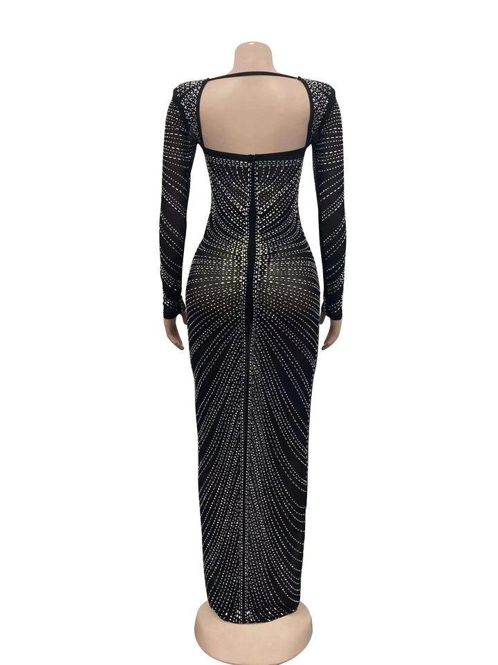 Maxi Evening Dress with Shiny Diamond Design - Ran el
