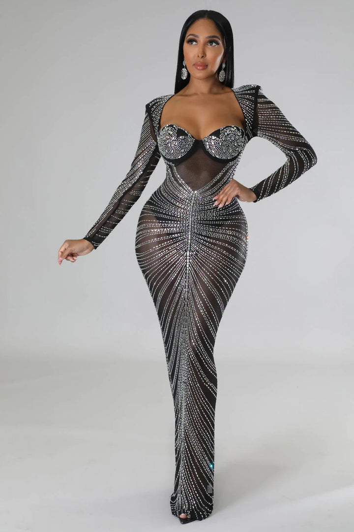 Maxi Evening Dress with Shiny Diamond Design - Ran el