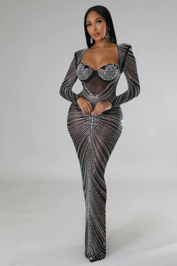 Maxi Evening Dress with Shiny Diamond Design - Ran el