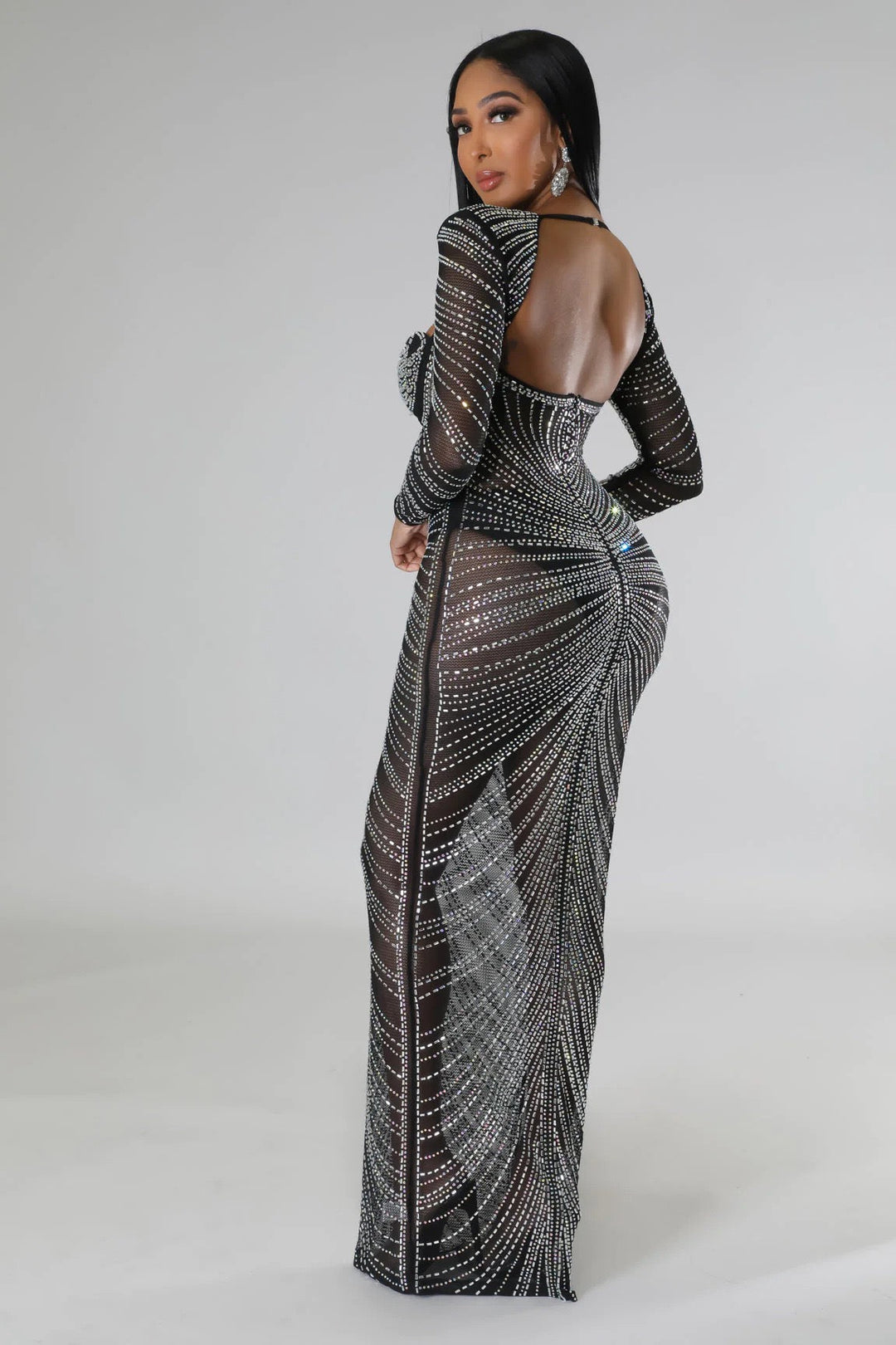 Maxi Evening Dress with Shiny Diamond Design - Ran el