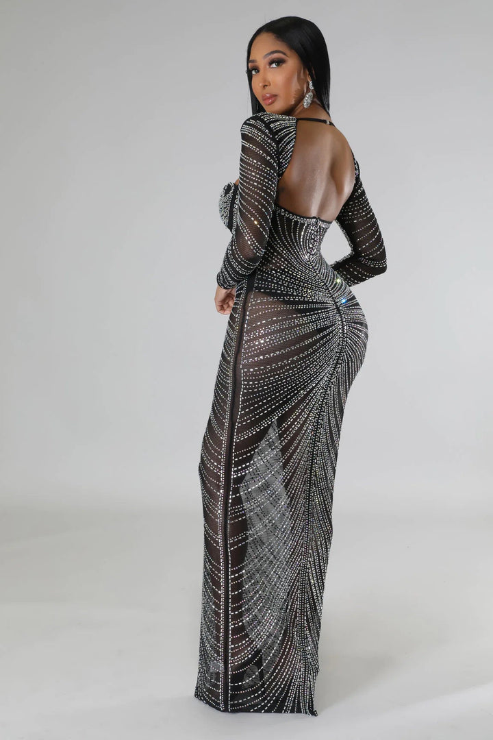 Maxi Evening Dress with Shiny Diamond Design - Ran el