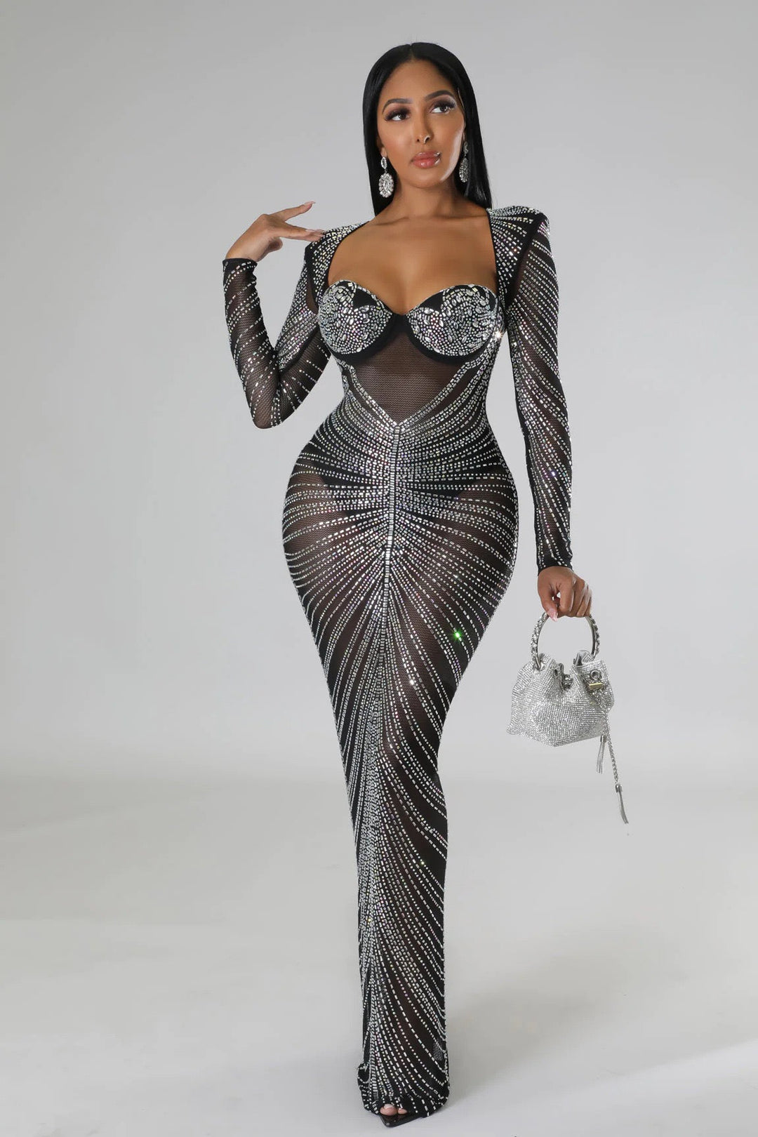 Maxi Evening Dress with Shiny Diamond Design - Ran el