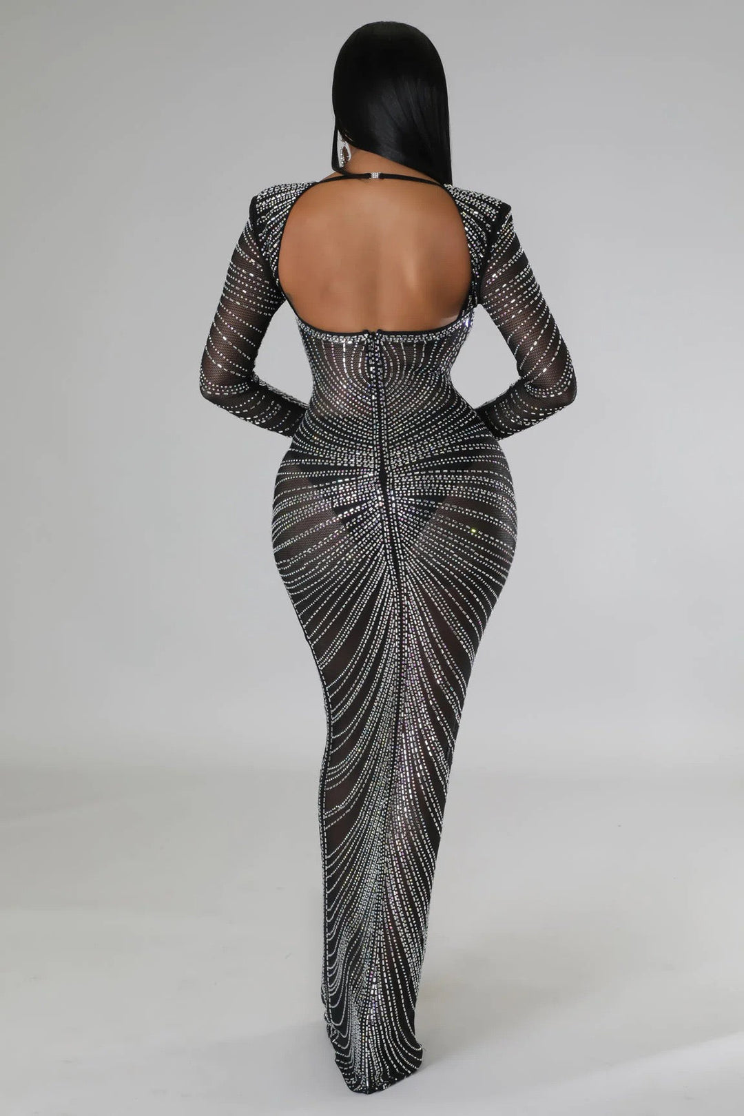 Maxi Evening Dress with Shiny Diamond Design - Ran el