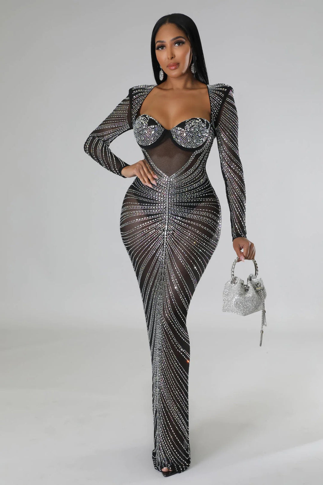 Maxi Evening Dress with Shiny Diamond Design - Ran el