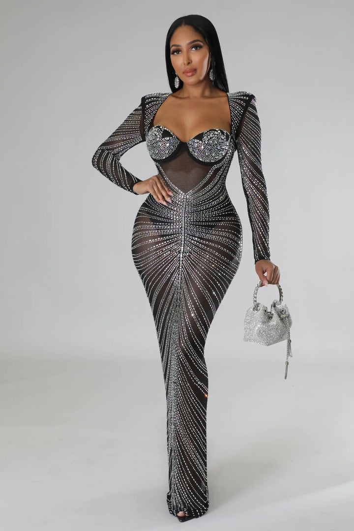 Maxi Evening Dress with Shiny Diamond Design - Ran el