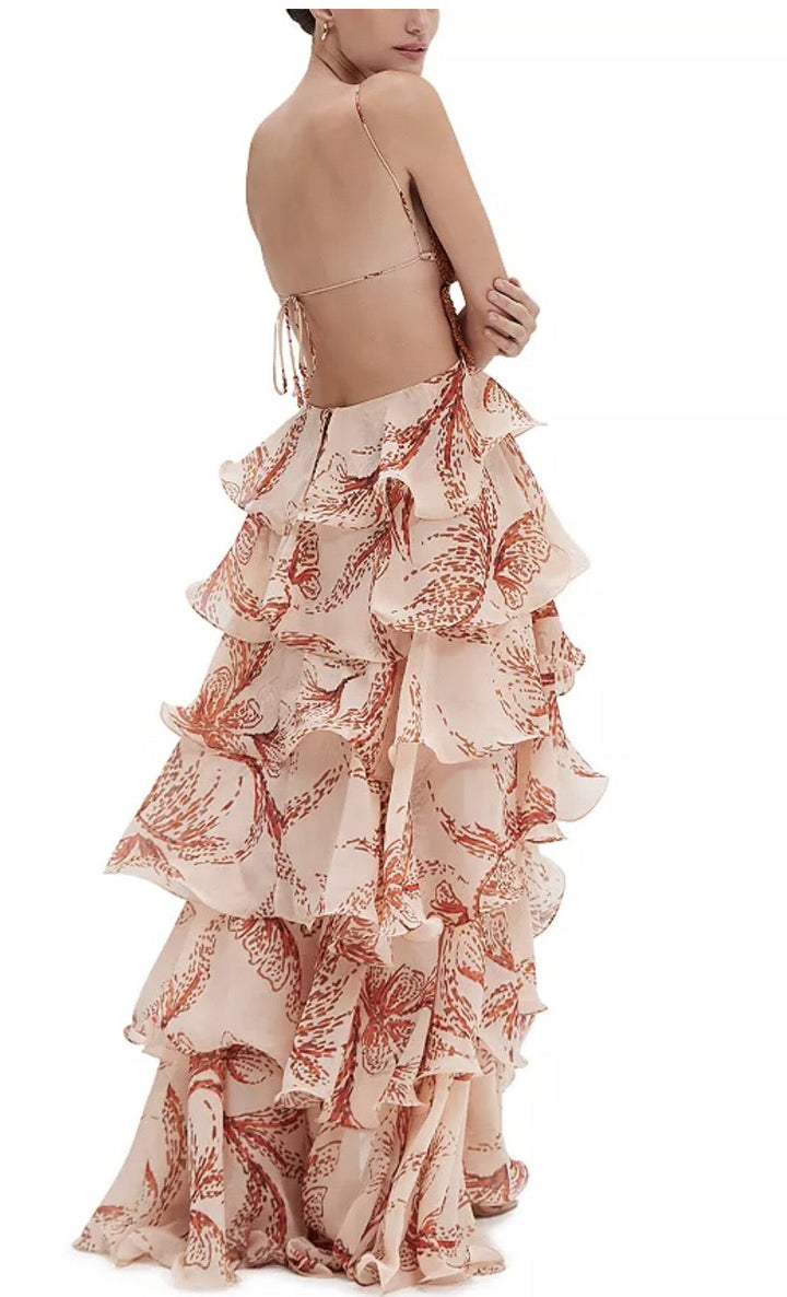 Tiered ruffled maxi dress with sequin and bead embellishments, back tie, and open back - Mariposa