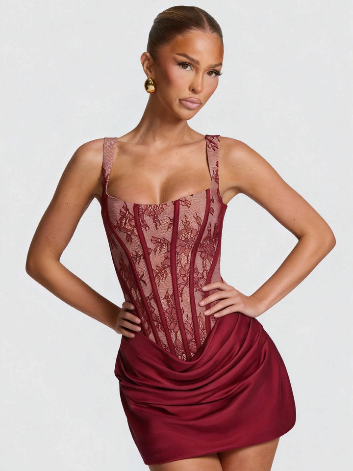 Mini Dress with Pleats and Lace Corset, Back Tie Waist Fit - Renta