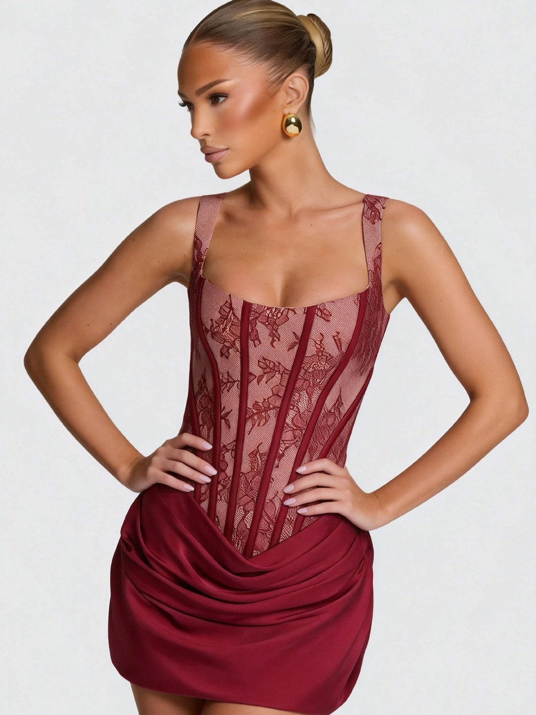 Mini Dress with Pleats and Lace Corset, Back Tie Waist Fit - Renta