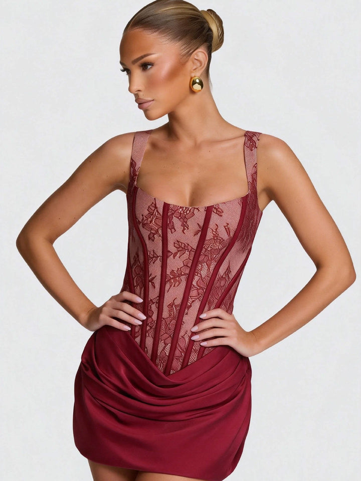 Mini Dress with Pleats and Lace Corset, Back Tie Waist Fit - Renta