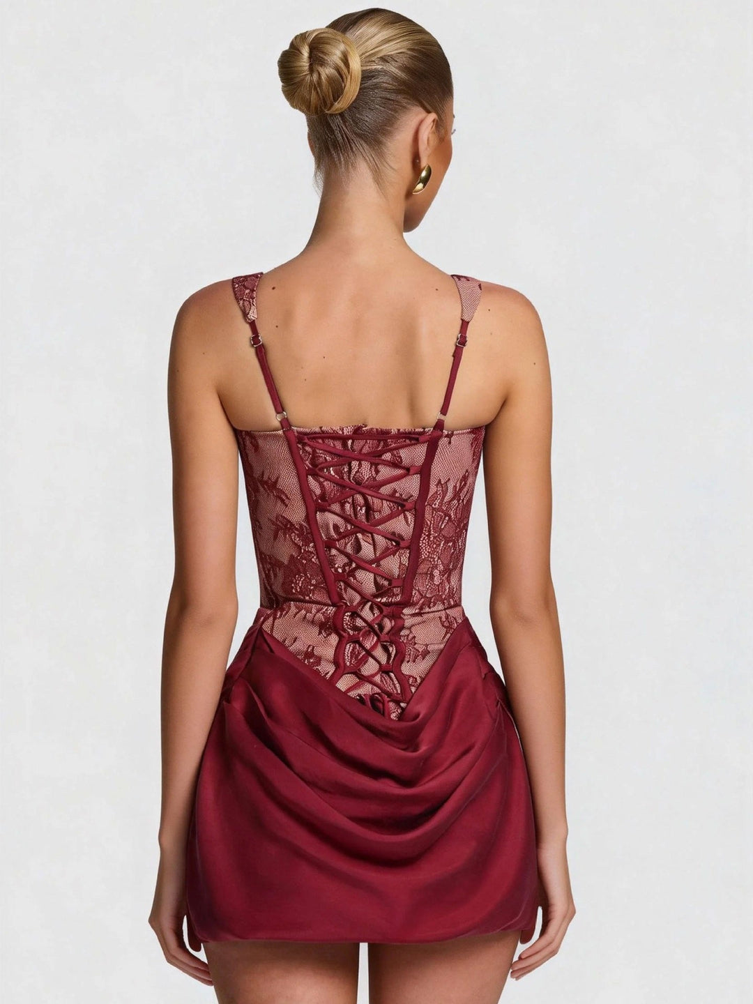 Mini Dress with Pleats and Lace Corset, Back Tie Waist Fit - Renta