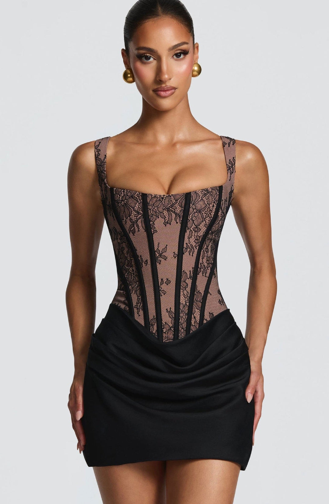 Mini Dress with Pleats and Lace Corset, Back Tie Waist Fit - Renta
