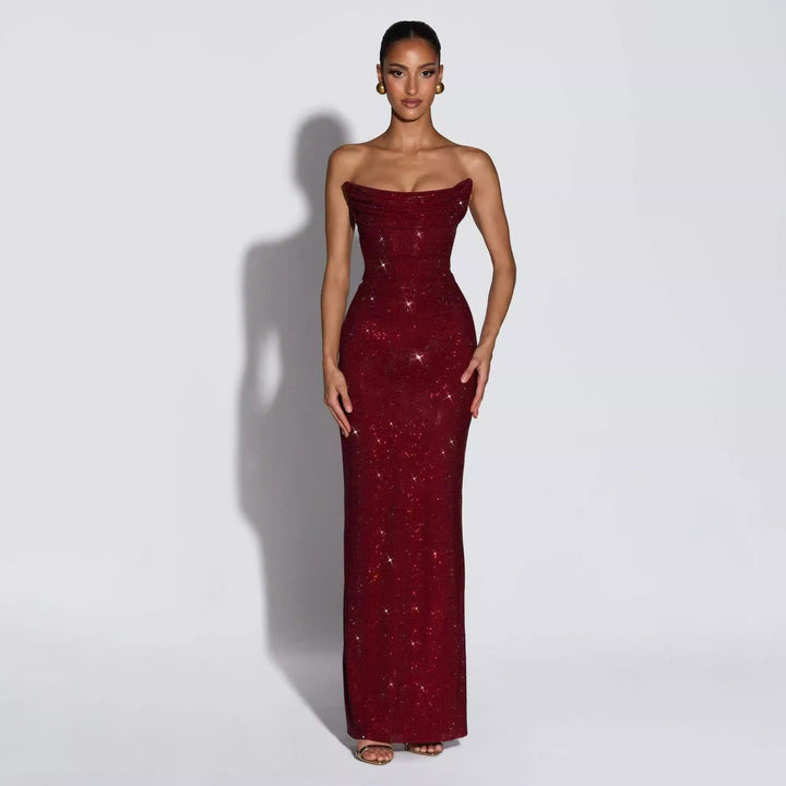 Strapless maxi evening dress with sparkling rhinestone embellishments – GLOW