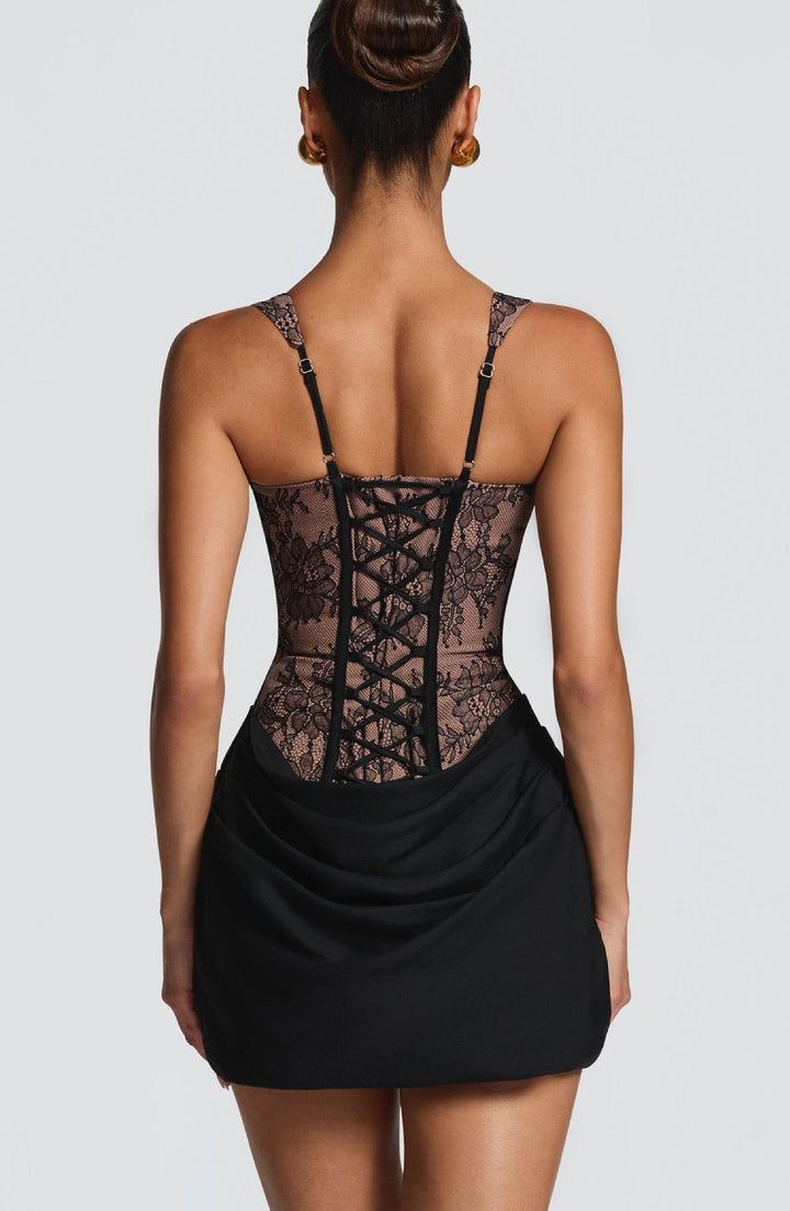 Mini Dress with Pleats and Lace Corset, Back Tie Waist Fit - Renta