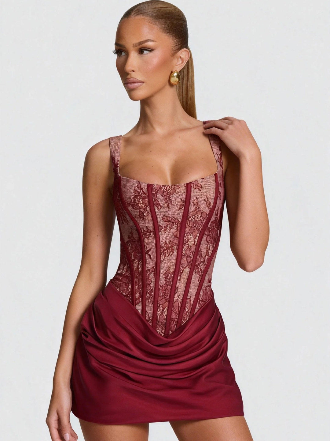 Mini Dress with Pleats and Lace Corset, Back Tie Waist Fit - Renta