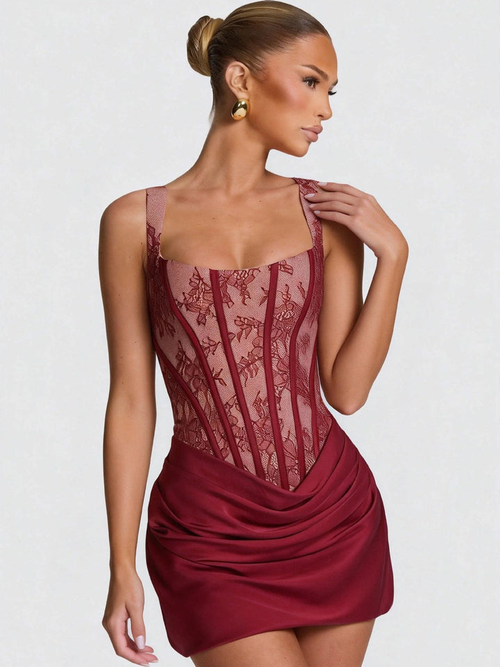 Mini Dress with Pleats and Lace Corset, Back Tie Waist Fit - Renta