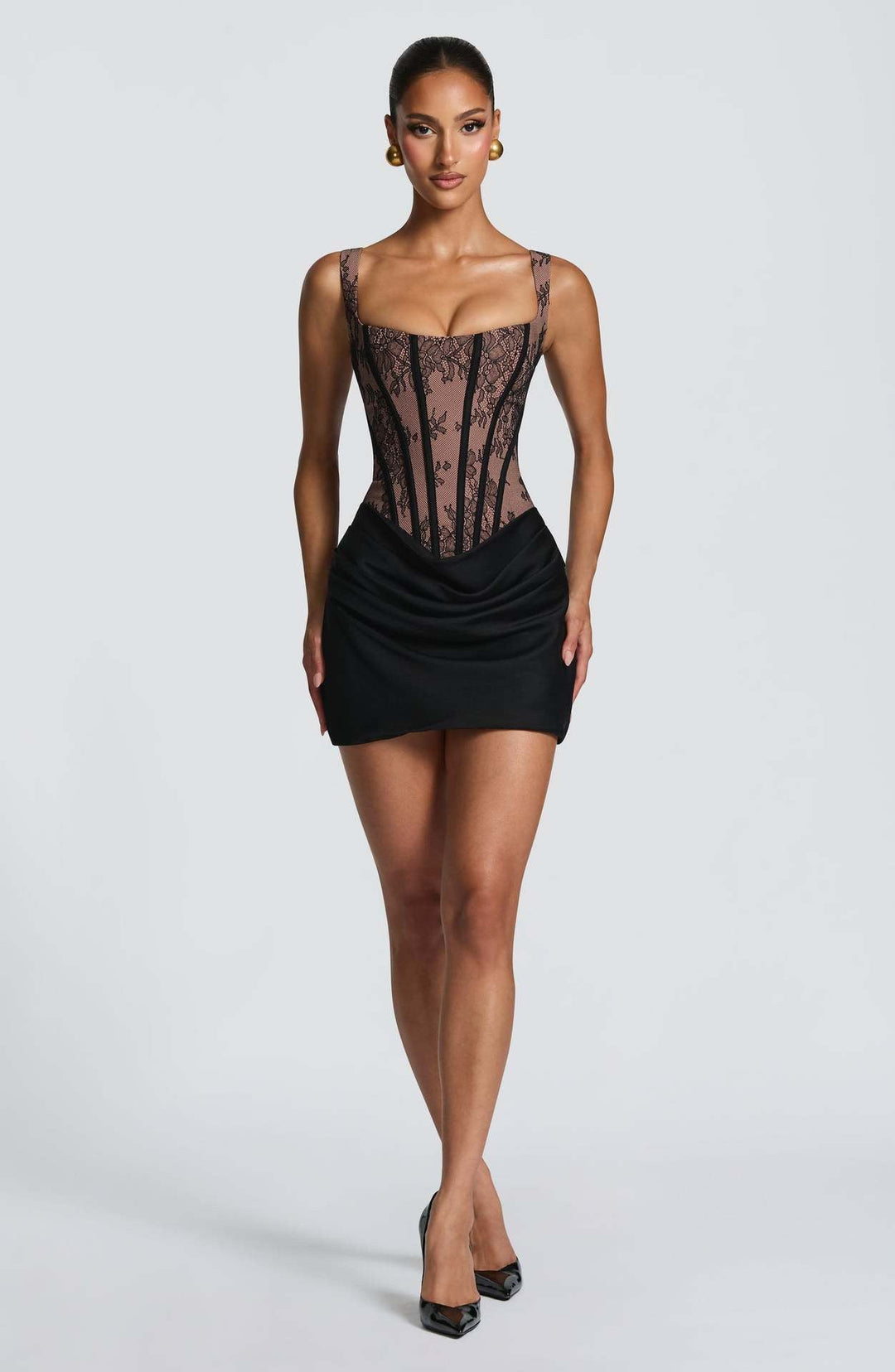 Mini Dress with Pleats and Lace Corset, Back Tie Waist Fit - Renta