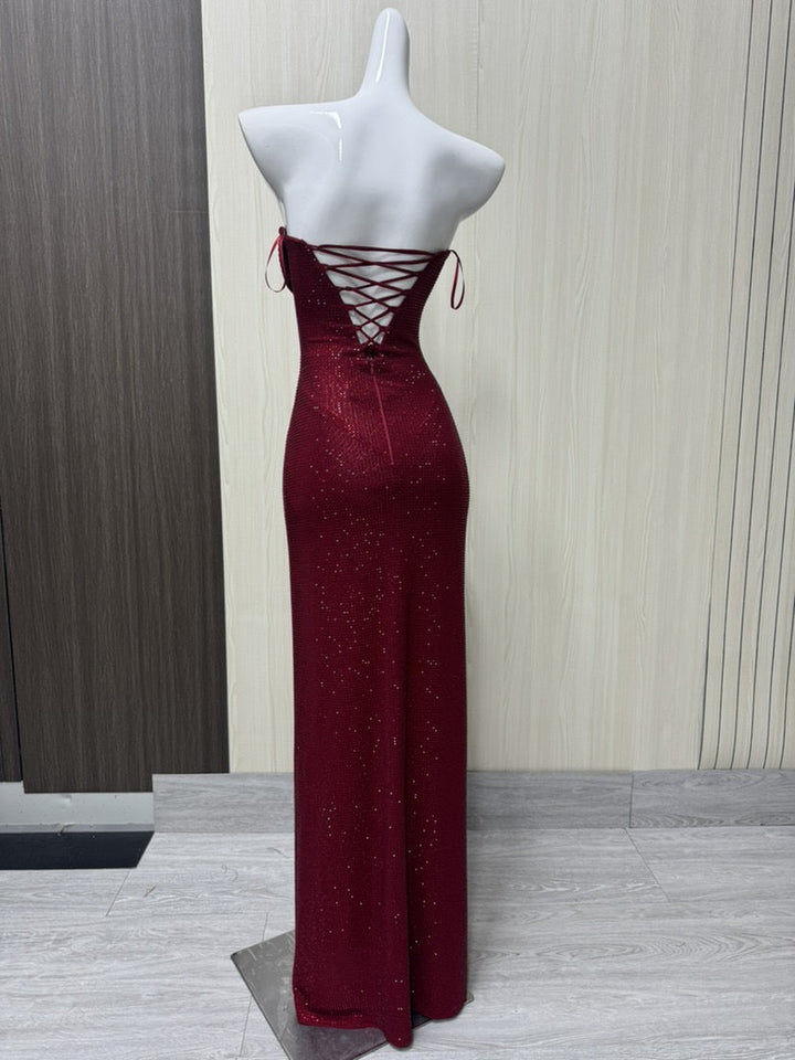 Strapless maxi evening dress with sparkling rhinestone embellishments – GLOW