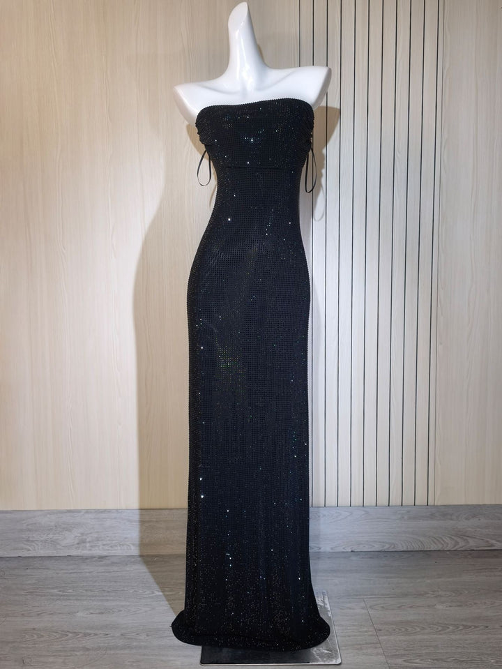 Strapless maxi evening dress with sparkling rhinestone embellishments – GLOW