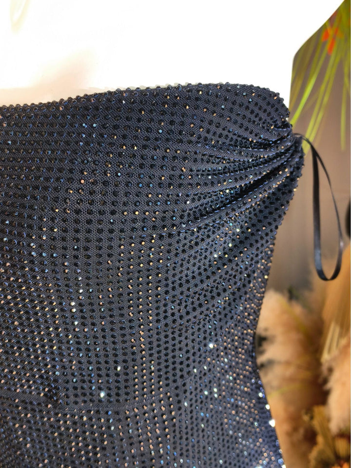 Strapless maxi evening dress with sparkling rhinestone embellishments – GLOW
