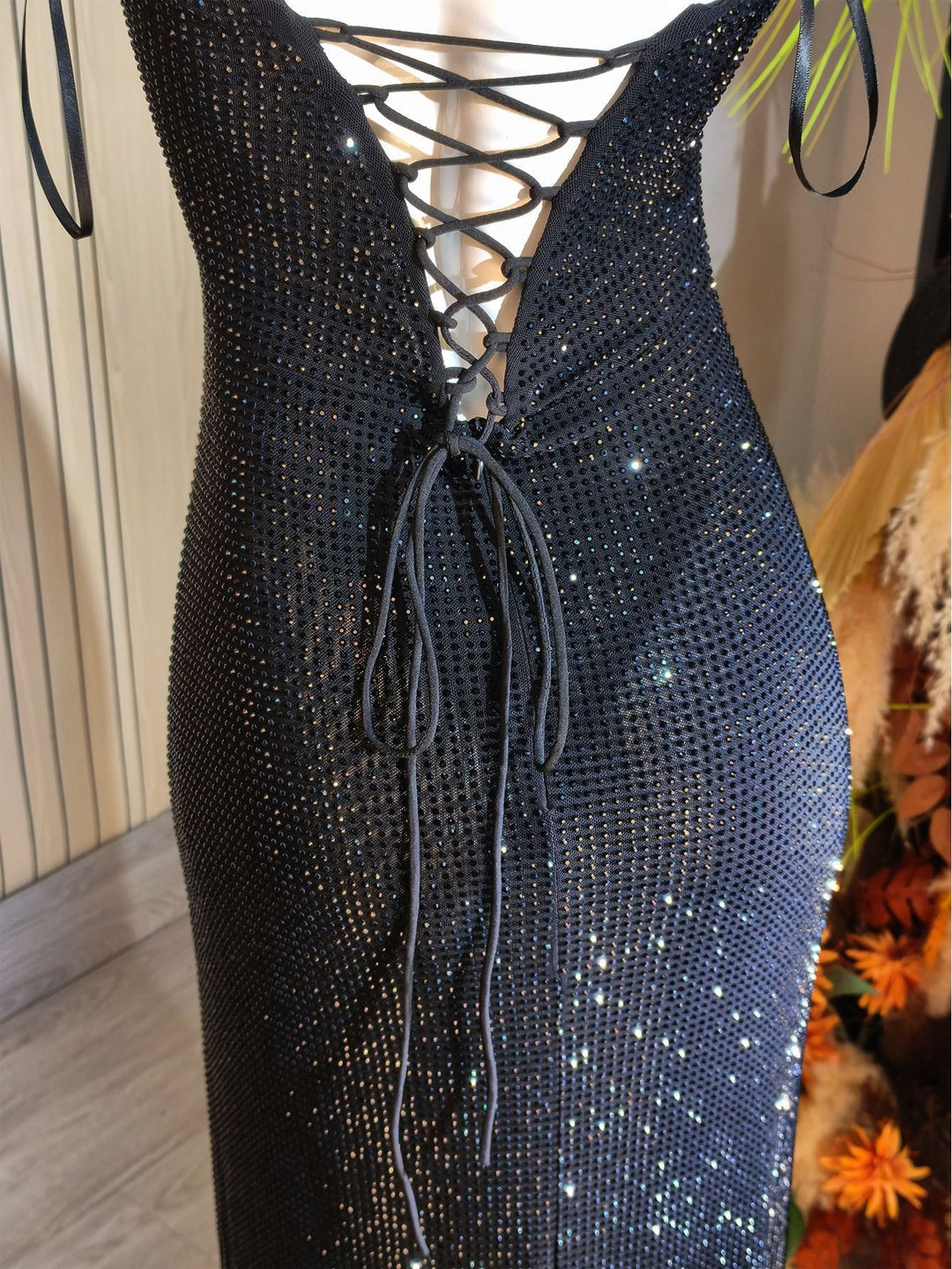 Strapless maxi evening dress with sparkling rhinestone embellishments – GLOW